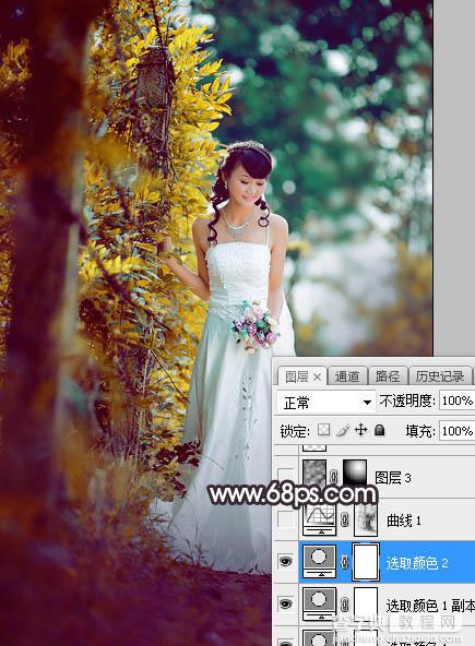 Photoshop将树林婚片打造甜美的逆光青红色12