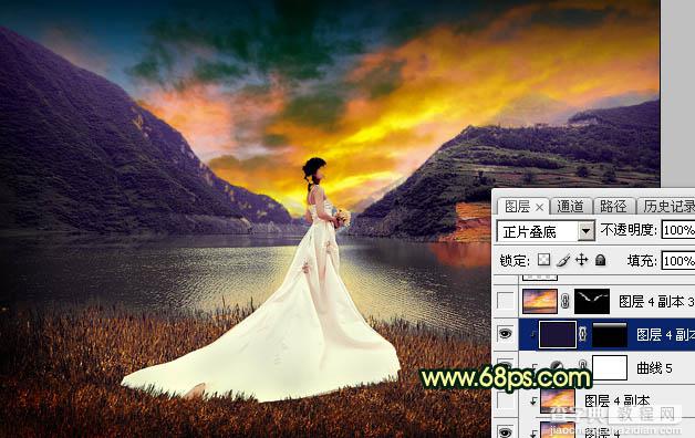 Photoshop调出唯美的霞光色湖边的婚纱美女图片30