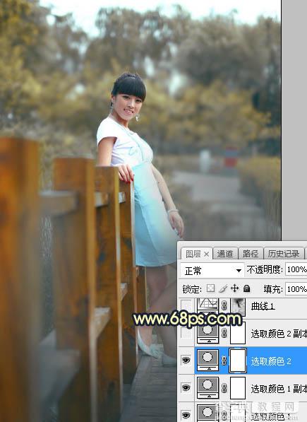 Photoshop调制出秋季晨曦木桥上的人物图片14