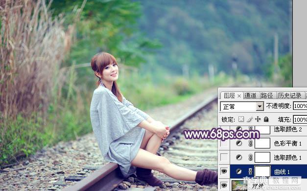 Photoshop为铁轨美女图片打造出清新甜美的淡调绿紫色4