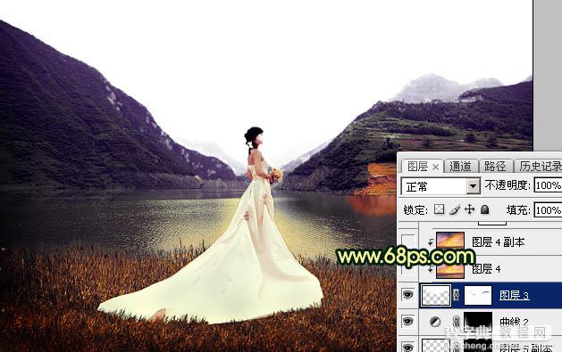 Photoshop调出唯美的霞光色湖边的婚纱美女图片25