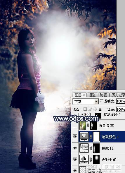 Photoshop调制出深秋暗蓝色树林中的人物图片48