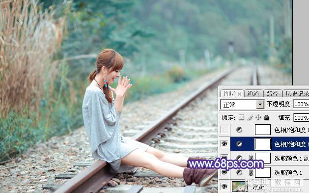 Photoshop将铁轨美女图片打造唯美的小清新青蓝色特效10