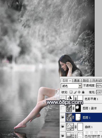 Photoshop使用图层样式打造唯美的古典淡蓝色树林人物图片10