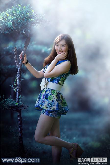 Photoshop将树林人物图片打造出唯美的夏季青蓝色2