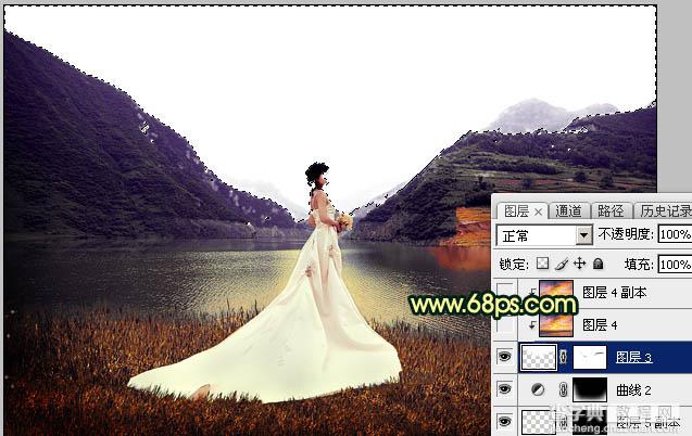 Photoshop调出唯美的霞光色湖边的婚纱美女图片24