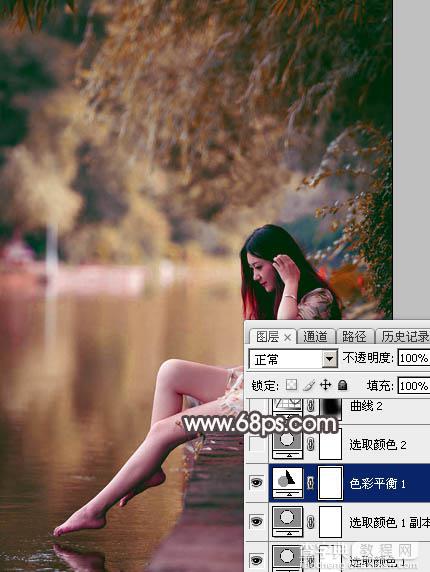 Photoshop将水边的美女增加暗调红褐色16