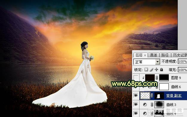Photoshop调出唯美的霞光色湖边的婚纱美女图片41