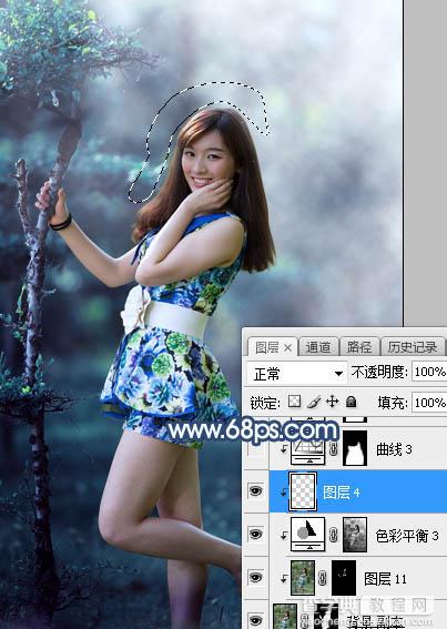 Photoshop将树林人物图片打造出唯美的夏季青蓝色22