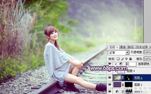 Photoshop为铁轨美女图片打造出清新甜美的淡调绿紫色31