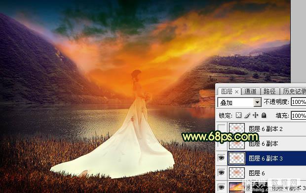 Photoshop调出唯美的霞光色湖边的婚纱美女图片33