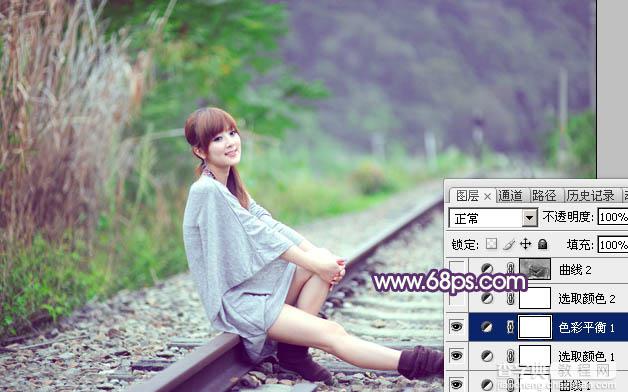 Photoshop为铁轨美女图片打造出清新甜美的淡调绿紫色15