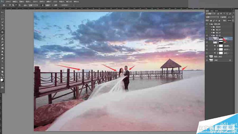 Photoshop给外景婚片添加唯美的夕阳云彩效果10