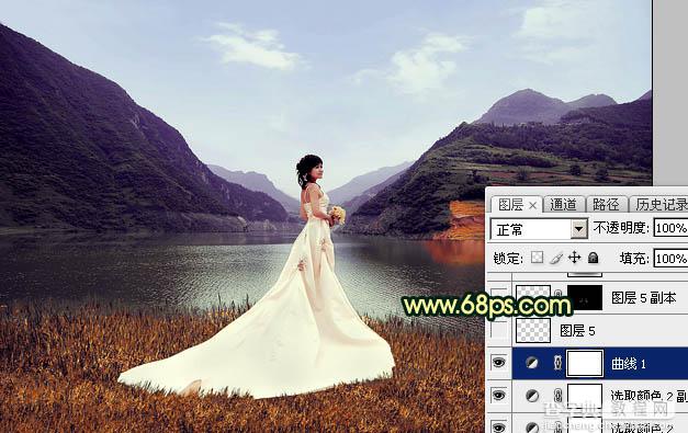 Photoshop调出唯美的霞光色湖边的婚纱美女图片16