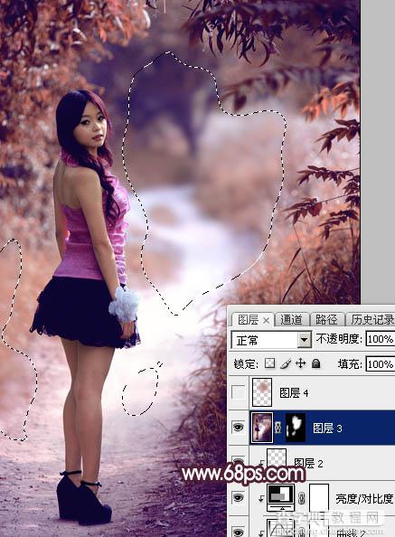 Photoshop将树林人物图片打造唯美的暗调紫红色35