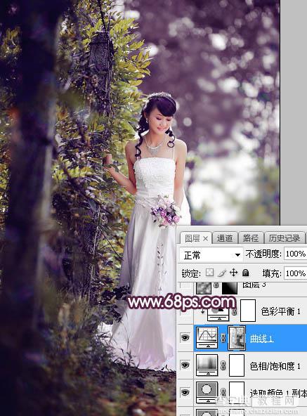 Photoshop将树林婚片打造唯美的淡紫色特效15