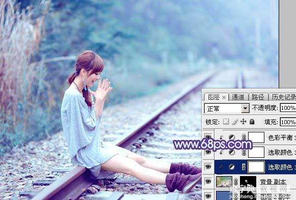 Photoshop将铁轨美女图片打造唯美的小清新青蓝色特效38