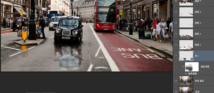 Photoshop将街道图片调出雨水湿润的路面22