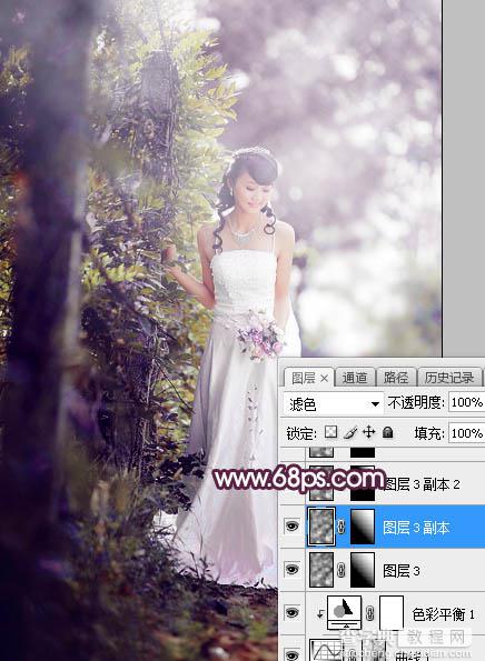 Photoshop将树林婚片打造唯美的淡紫色特效20