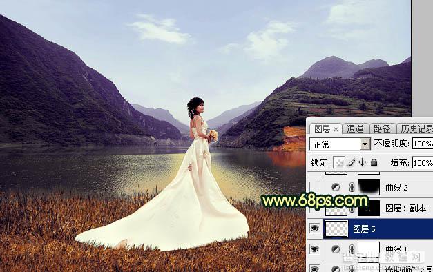 Photoshop调出唯美的霞光色湖边的婚纱美女图片19