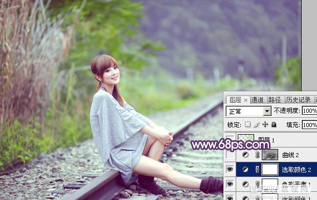 Photoshop为铁轨美女图片打造出清新甜美的淡调绿紫色24