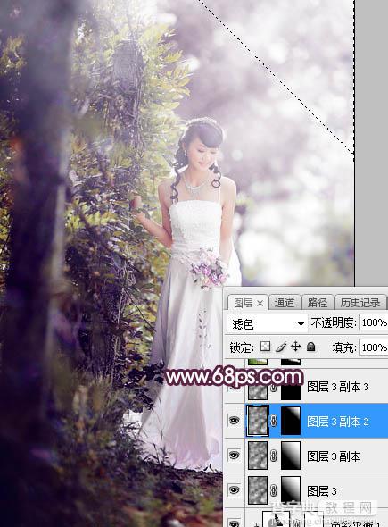 Photoshop将树林婚片打造唯美的淡紫色特效21