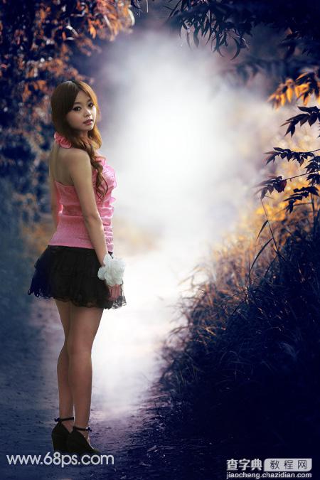 Photoshop调制出深秋暗蓝色树林中的人物图片2