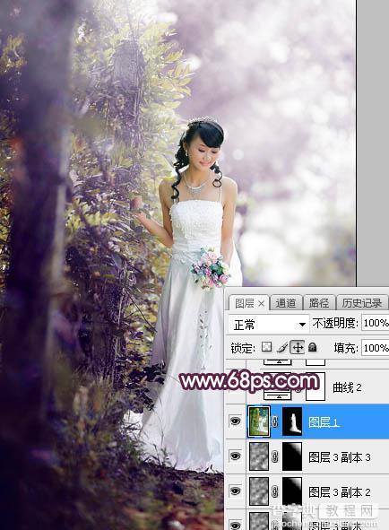 Photoshop将树林婚片打造唯美的淡紫色特效22