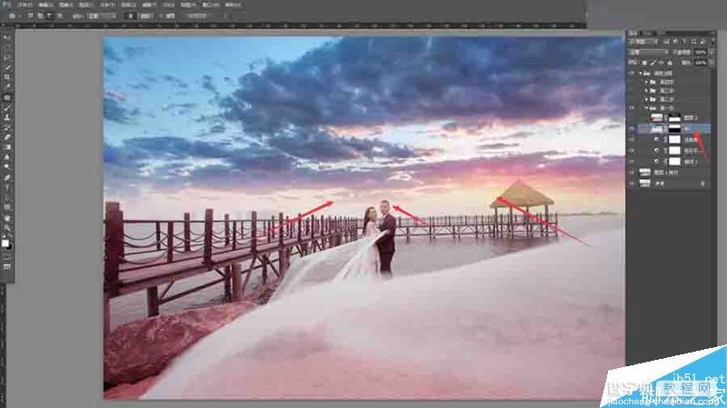 Photoshop给外景婚片添加唯美的夕阳云彩效果9
