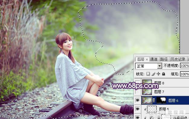 Photoshop为铁轨美女图片打造出清新甜美的淡调绿紫色32