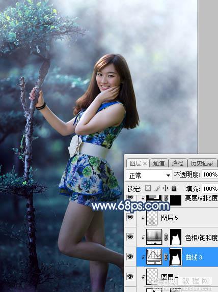 Photoshop将树林人物图片打造出唯美的夏季青蓝色23