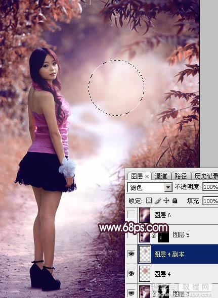 Photoshop将树林人物图片打造唯美的暗调紫红色37