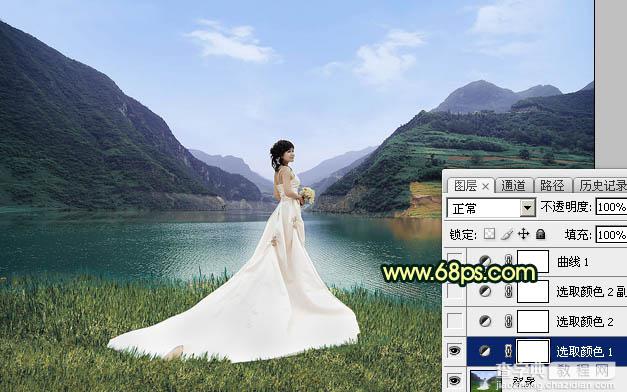 Photoshop调出唯美的霞光色湖边的婚纱美女图片5