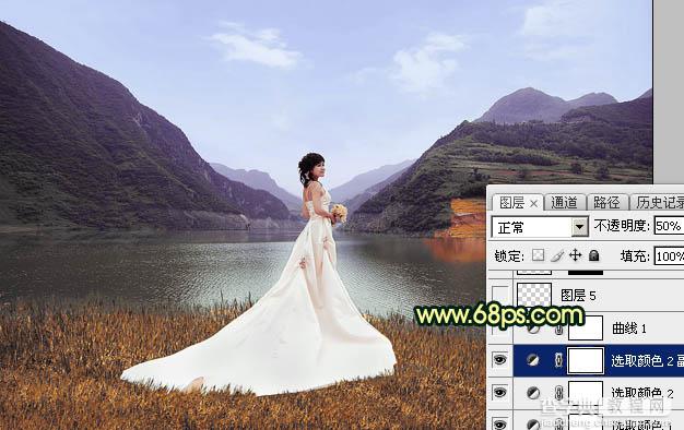 Photoshop调出唯美的霞光色湖边的婚纱美女图片14