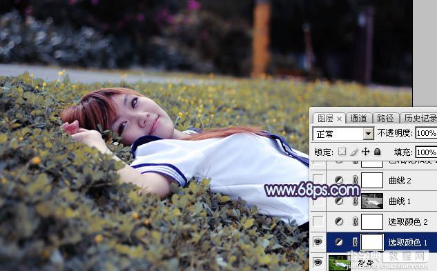 Photoshop将草地人物图片调制出柔美的梦幻暗调蓝黄色6