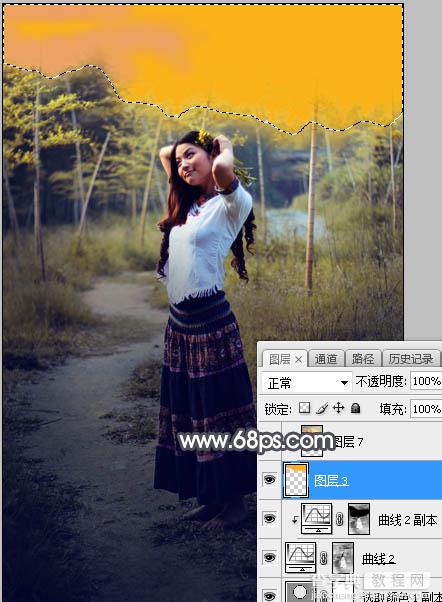 Photoshop调制出给漂亮的霞光色竹林人物图片13