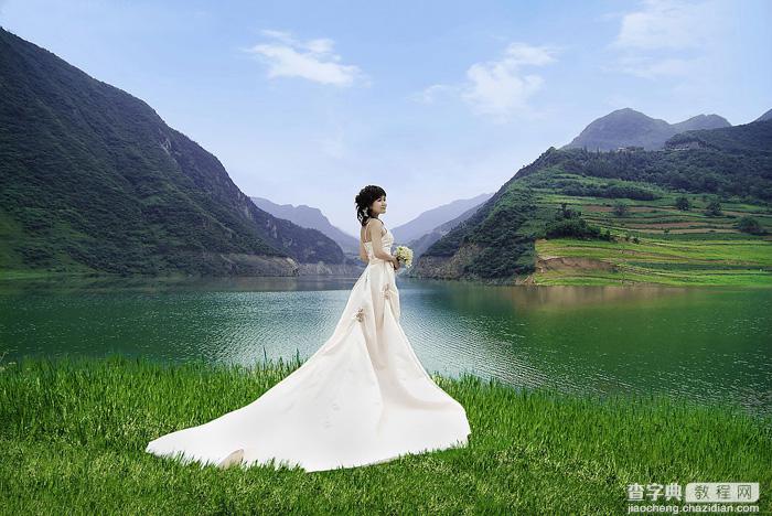 Photoshop调出唯美的霞光色湖边的婚纱美女图片1