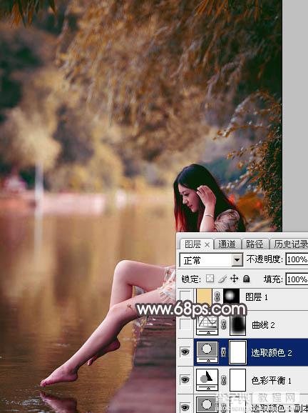 Photoshop将水边的美女增加暗调红褐色20