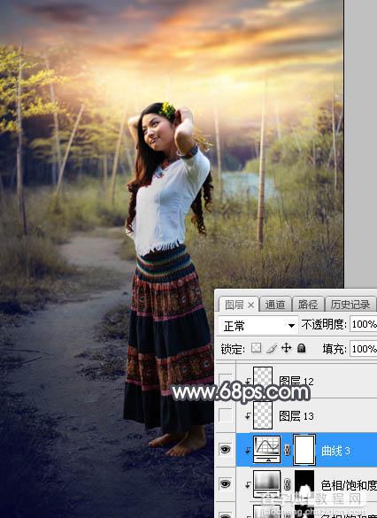 Photoshop调制出给漂亮的霞光色竹林人物图片27