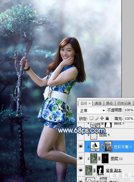 Photoshop将树林人物图片打造出唯美的夏季青蓝色21
