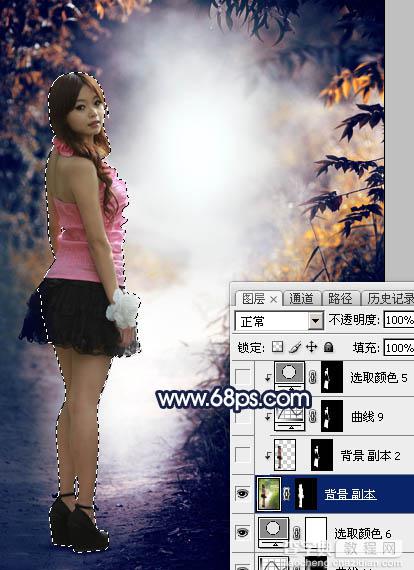 Photoshop调制出深秋暗蓝色树林中的人物图片49