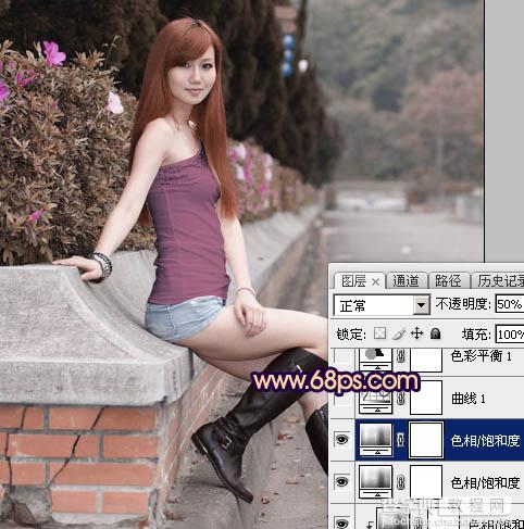 Photoshop为景区美女更换衣服颜色增加昏暗的高对比晨曦色13