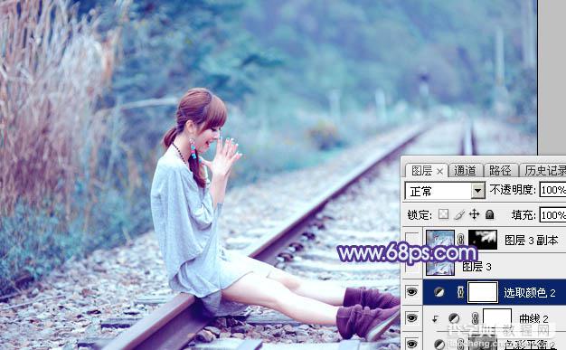 Photoshop将铁轨美女图片打造唯美的小清新青蓝色特效33