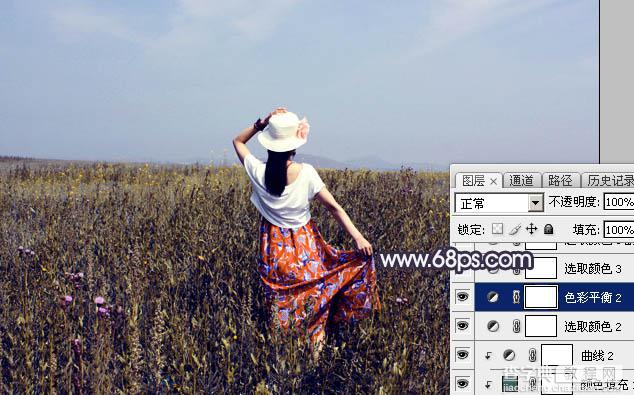 Photoshop为荒草中的美女加上漂亮的韩系蓝褐色29