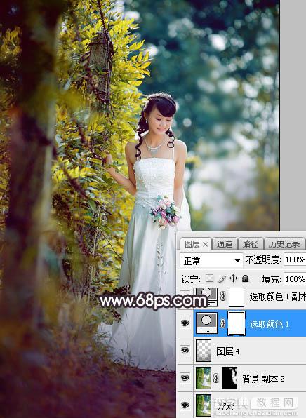 Photoshop将树林婚片打造甜美的逆光青红色9