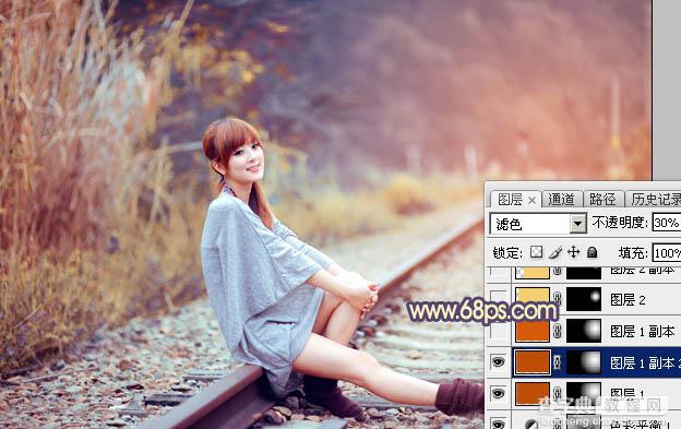 Photoshop为铁轨上的美女增加甜美的晨曦暖色26