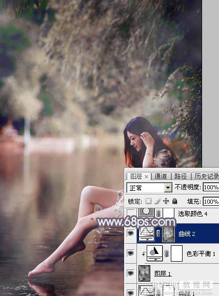 Photoshop将水景美女图片打造唯美的中性蓝红色29