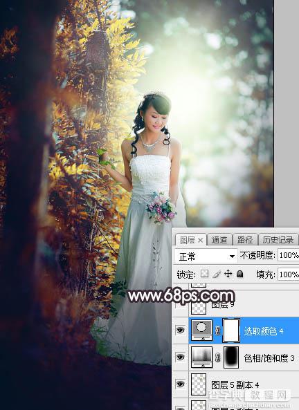 Photoshop将树林婚片打造甜美的逆光青红色35
