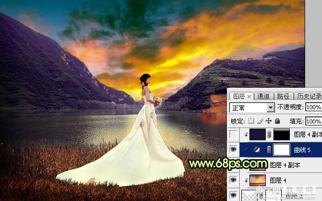 Photoshop调出唯美的霞光色湖边的婚纱美女图片29
