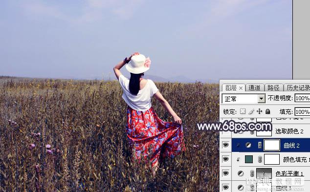 Photoshop为荒草中的美女加上漂亮的韩系蓝褐色21